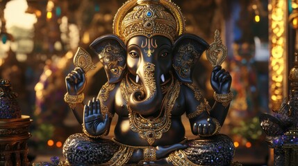 Fototapeta premium A luxurious Ganesha statue in a virtual realm, with detailed gold carvings and vibrant glowing elements.