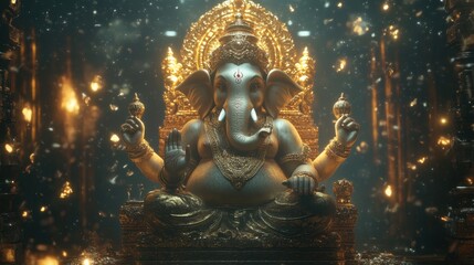Fototapeta premium A luxurious virtual Ganesha, seated on a glowing throne of gold, with rich digital textures and divine presence.