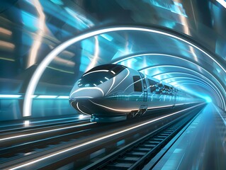 Futuristic High Speed Maglev Train Gliding Through Sleek Cityscape Tunnel