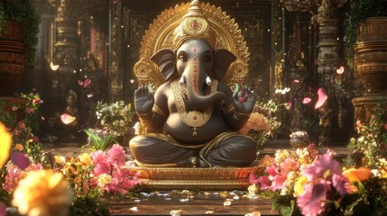 Fototapeta premium A grand and opulent virtual Ganesha statue surrounded by digital flowers and golden textures.