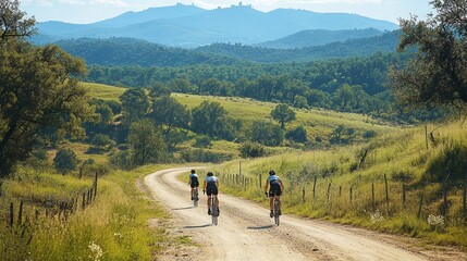 Fototapeta premium a group cycling together on a winding dirt road, set against a backdrop of stunning scenery and natural surroundings, enjoying a peaceful and adventurous outdoor journey