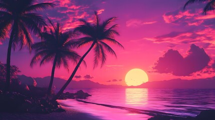 A stunning sunset over the tropical beach, with palm trees silhouetted against the vibrant colors of pink and purple in the sky