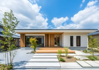 Fototapeta premium Modern Japanese House with Wooden Accents and Stone Pathway