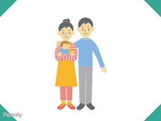 家族のイラスト、若い夫婦と子供3人の家族
