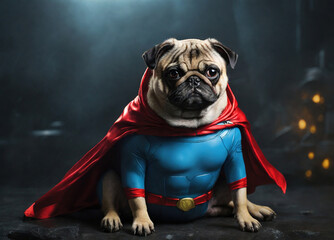 A superhero pug in a colorful costume poses confidently, showcasing bravery