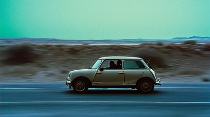 Obraz premium Speeding Retro Mini Cooper on Picturesque Road Through Natural Landscape