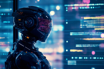 Fototapeta premium A robot with a helmet, interacting with a world map on a screen, presented on a banner, symbolizing technological rebellion and the global impact of advanced information systems