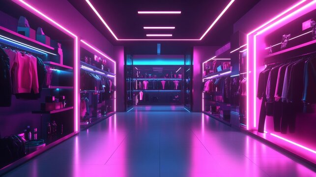 Neon Lit Fashion Store Interior.