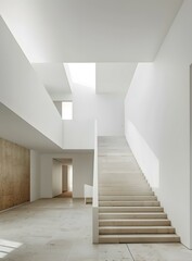 Fototapeta premium Minimalist Modern Staircase Interior Design with White Walls and Natural Light