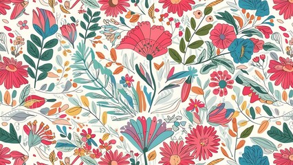 Floral botanical seamless pattern with colorful flowers and leaves. Feminine colorful cute hand drawn on white. Texture for print, fabric, textile, wallpaper.