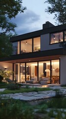 Fototapeta premium Modern House with Large Windows and a Stone Patio