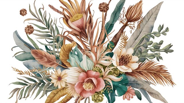 Watercolor boho dried tropical floral bouquets seamless pattern. Hand drawn floral set perfect for wedding invitation, fabric, textile, digital scrapbooking, greeting cards.