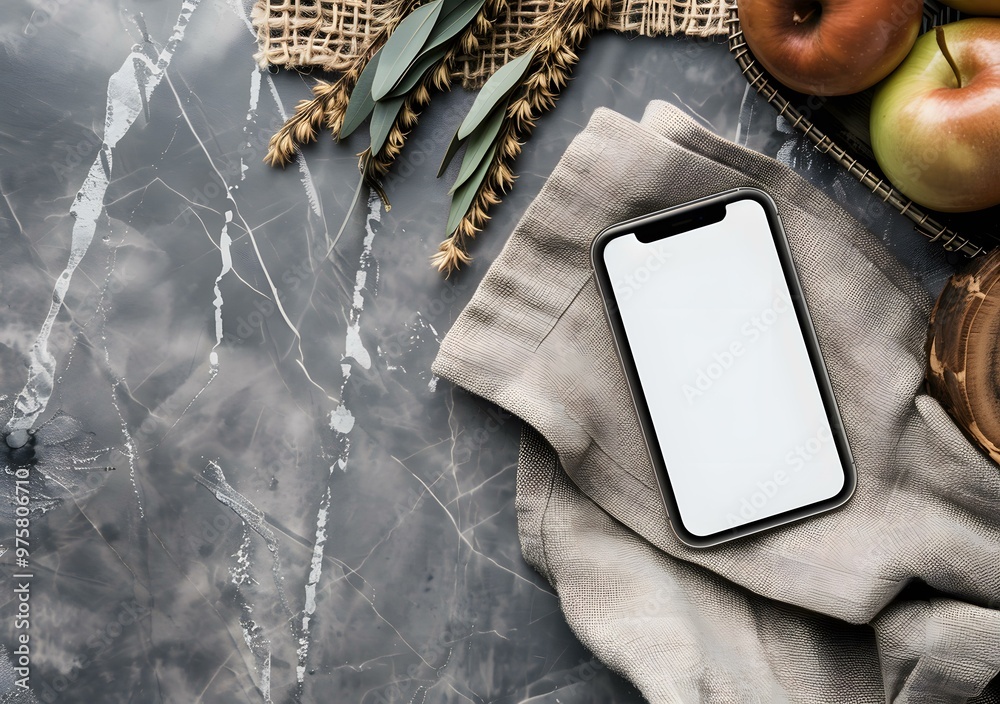 Canvas Prints Flat Lay Phone Mockup on Gray Background With Apple and Cloth