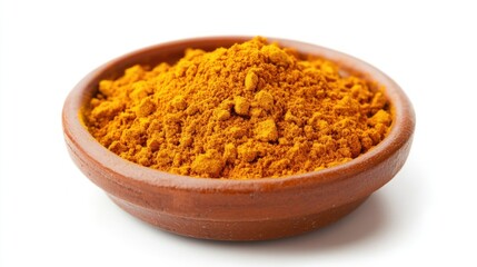 A close-up of turmeric powder in a small dish, isolated on a white background