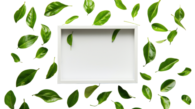 Green leaves in white square frame on transparent background