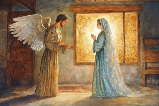 Angel gabriel with large white wings gesturing to a young woman praying, announcing she will birth jesus