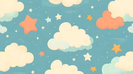 Whimsical Clouds and Stars Digital Wallpaper