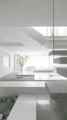 Modern Minimalist Interior Design with White Walls and a Zen Garden