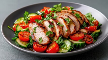 Highprotein salad with slices of lean pork, crunchy veggies, and an olive oil drizzle, symbolizing a ketofriendly meal