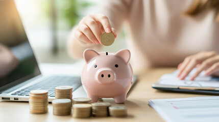 female hand which puts a coin in a piggy bank, money saving concept, created with generative AI technology