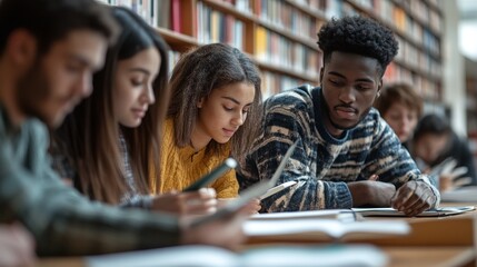 university students from various backgrounds collaborating in a group study at a high school library, enhancing educational experiences