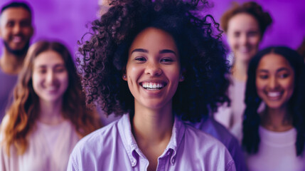 Fototapeta premium Group of confident women standing together with a smiling leader in front, showcasing teamwork and empowerment in a vibrant setting