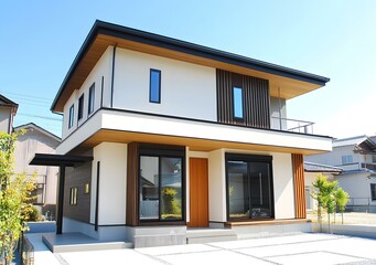 Modern Two Story House with White Walls and Wooden Accents