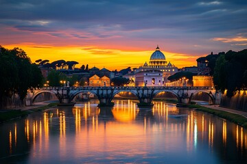 Obraz premium Sunset View of St Peters Basilica and Bridge over Tiber River in Rome Italy