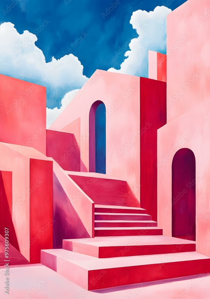 Sticker abstract pink building with stairway and archway