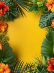 Naklejka premium Tropical Leaves and Flowers Frame on Yellow Background
