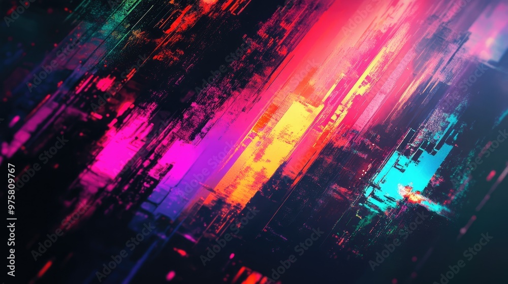 Poster dynamic abstract background with colorful digital glitches, creating an energetic and vibrant visual