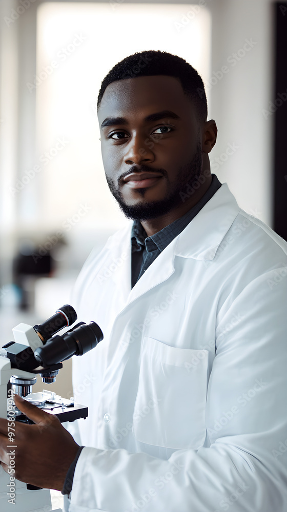 Wall mural confident black male scientist in lab coat holding a microscope in a modern laboratory setting, show