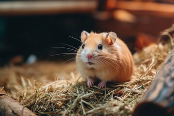 Cute hamster on hay with warm lighting