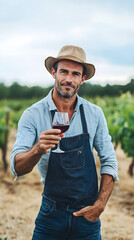 Fototapeta premium A confident male winemaker holds a glass of red wine while standing in a vineyard, showcasing the beauty of winemaking and the lush green surroundings