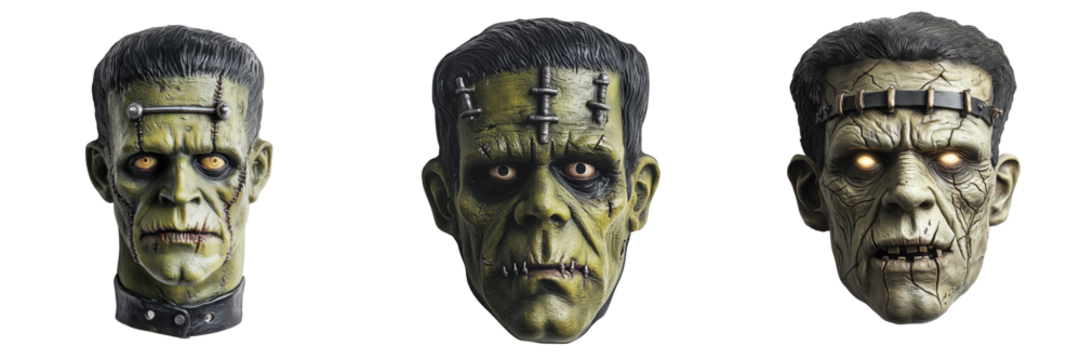 Set of a spooky Frankenstein's monster mask with bolts in its neck and a stitched-up face, with a green tint isolated on a transparent background