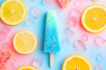 Blue Popsicle on Blue and Pink Background With Lemon and Orange Slices