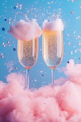 Champagne glasses with cotton candy cloud background