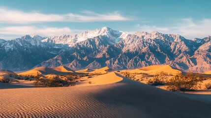 Fototapeta premium Sand Dunes and Snowy Mountains at Sunset