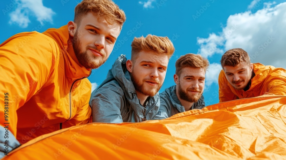 Sticker A group of four men are holding a large orange tarp, AI