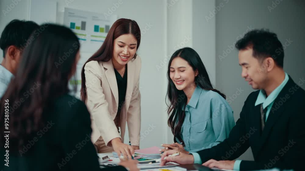 Poster Group of asian professionals in suits engage in a productive meeting, smiling and sharing ideas while discussing strategies for their project in a collaborative office environment