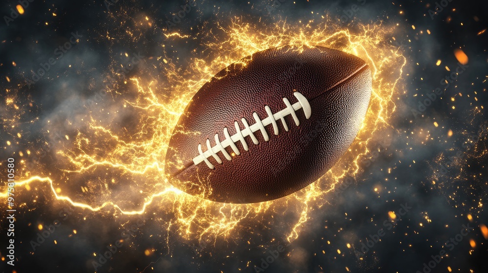 Wall mural Dynamic image of a football amid yellow lightning bolts, representing power and energy in the game.