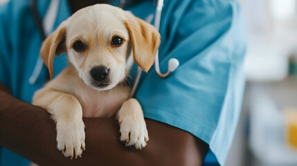 A black veterinarian gently holds a small puppy, showcasing care and compassion in a bright clinical setting