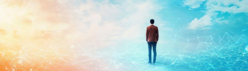 Illustrate an Asian entrepreneur standing tall amidst a digital landscape symbolizing growth, with a futuristic and dynamic feel