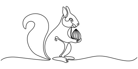 Continuous one line drawing of a squirrel. Simple vector illustration, One Continuous line art drawing of squirrel vector illustration, squirrel drawing by one continuous line, sketch, One Continuous