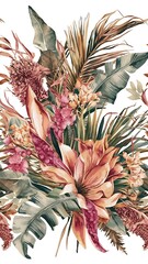 Fototapeta premium Watercolor boho dried tropical floral bouquets seamless pattern. Hand drawn floral set perfect for wedding invitation, fabric, textile, digital scrapbooking, greeting cards.