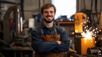 Smiling professional male welder with crossed arms wearing an apron in a metal workshop or garage Industrial factory Skilled laborer Iron craftsman Manufacturing business Steel project Welding spark 