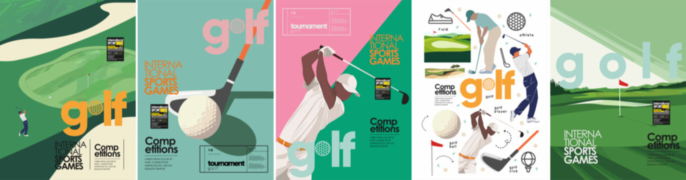 Golf. Vector modern illustration of golf game, golfer, ball with club and hole, golf course for poster, flyer, invitation, ticket or background