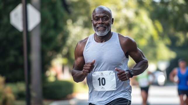 middle-aged Black man crossing the finish line in a community 5k race, celebrating triumph and health success in an outdoor event