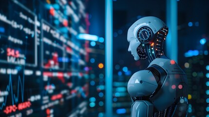 Futuristic AI powered machine learning model predicting price trends based on historical data and market analytics