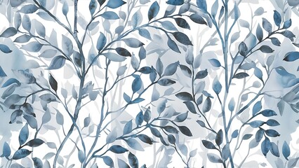 Fototapeta premium Watercolor blue and grey leaves and branches seamless pattern, hand painted on a white background